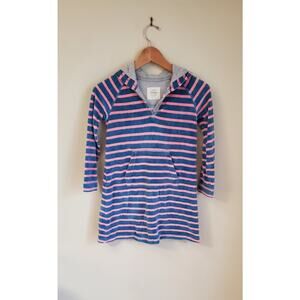 Mini Boden Velour Striped Hooded Dress Pink Blue Girls 7/8 W/ Pouch Pocket